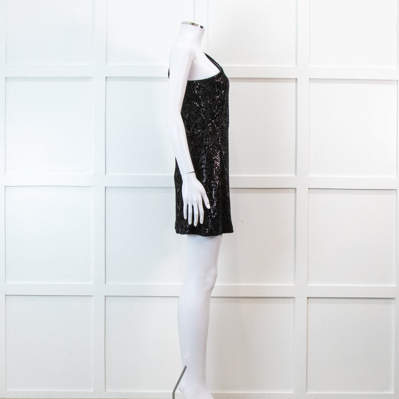 Halston Heritage Black Sequin Snakeprint One Shoulder Mini Dress