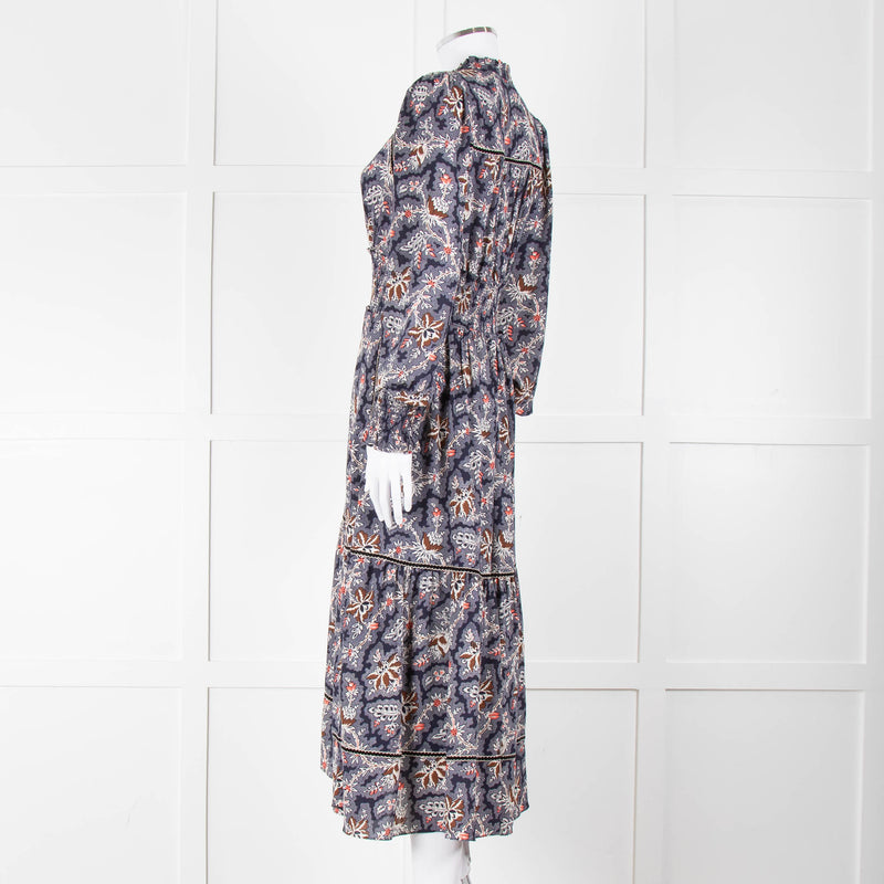 Me + Em Navy White Brown Floral Zip Front Maxi Dress