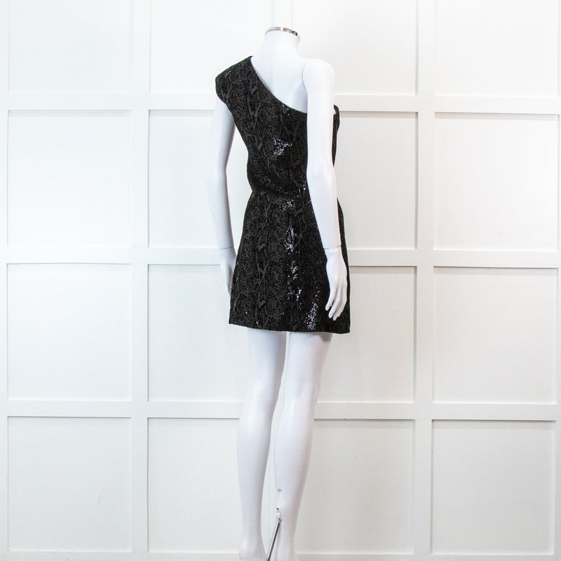 Halston Heritage Black Sequin Snakeprint One Shoulder Mini Dress