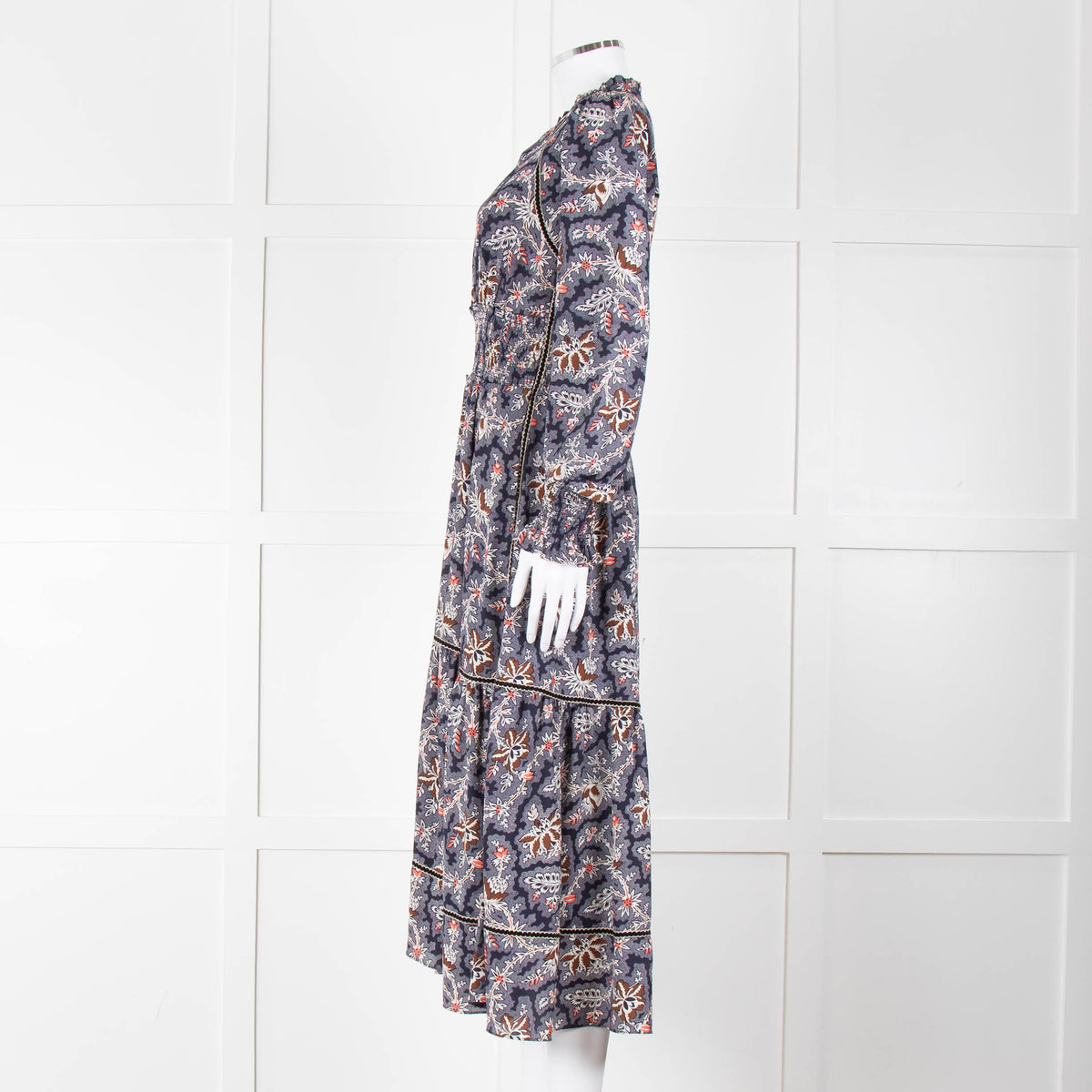 Me + Em Navy White Brown Floral Zip Front Maxi Dress