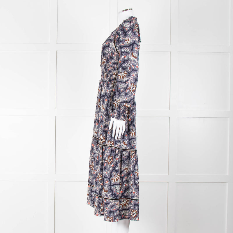 Me + Em Navy White Brown Floral Zip Front Maxi Dress