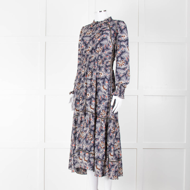 Me + Em Navy White Brown Floral Zip Front Maxi Dress