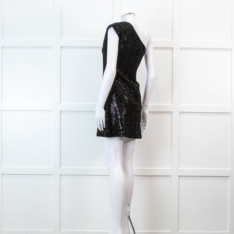 Halston Heritage Black Sequin Snakeprint One Shoulder Mini Dress