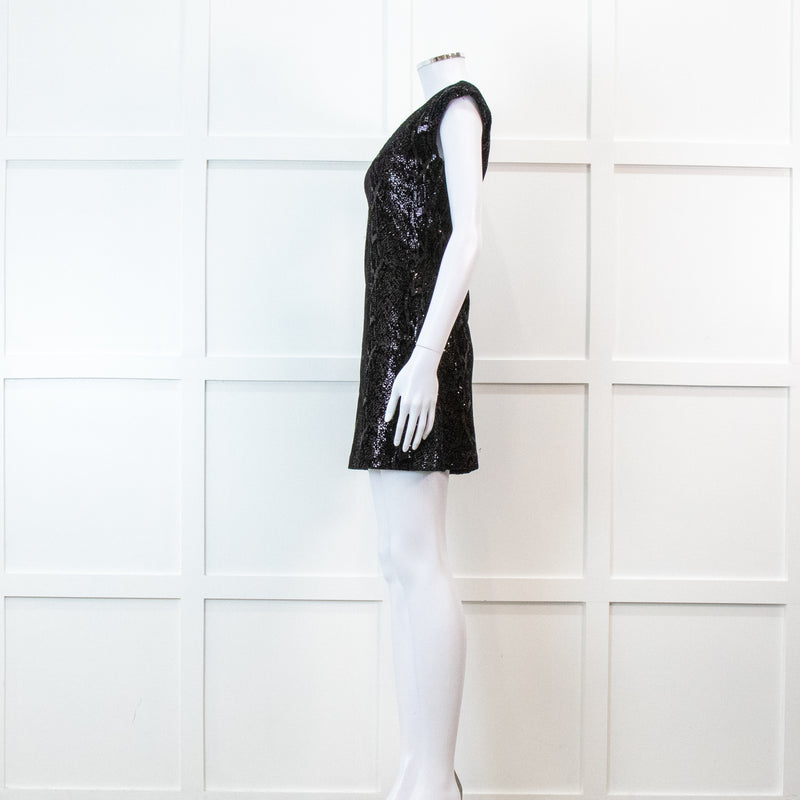 Halston Heritage Black Sequin Snakeprint One Shoulder Mini Dress