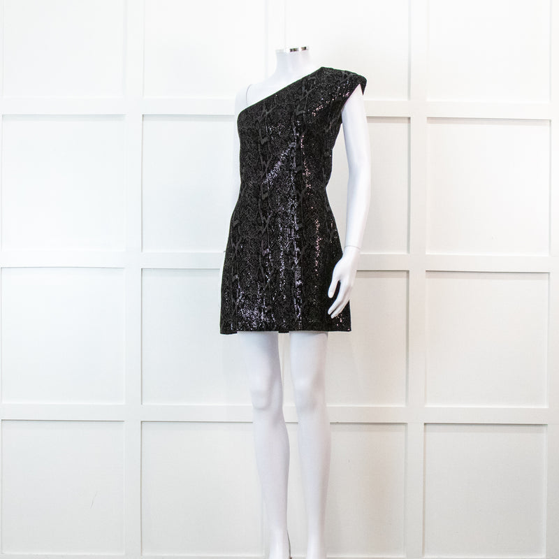 Halston Heritage Black Sequin Snakeprint One Shoulder Mini Dress