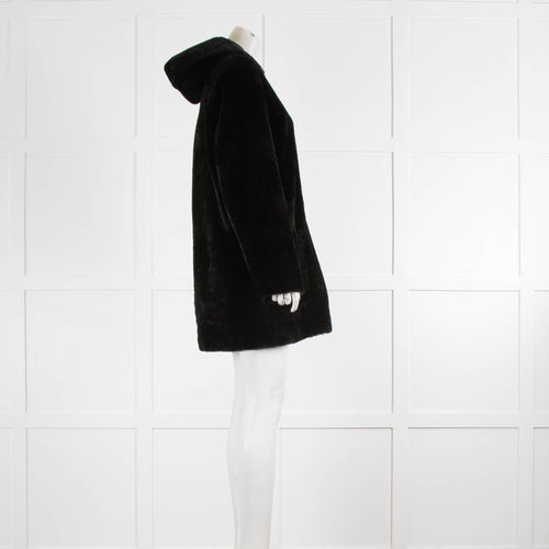 Sandro Black Reversible Hooded Shearling Short Coat