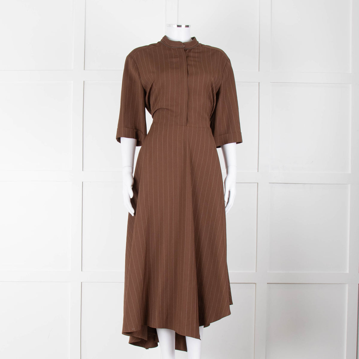 Brunello Cucinelli Brown Cream Pinstripe Metallic Trip Belted Maxi Dress