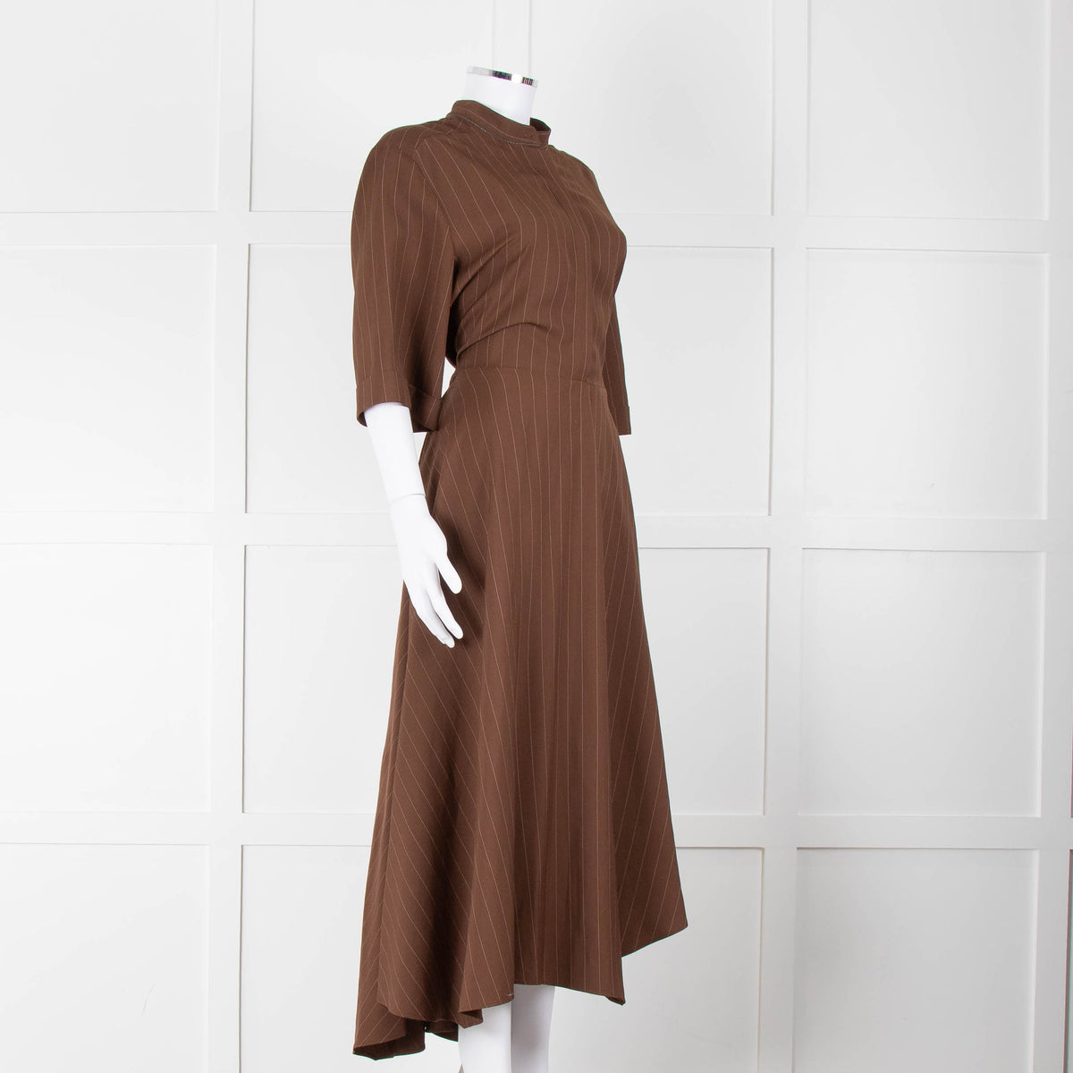 Brunello Cucinelli Brown Cream Pinstripe Metallic Trip Belted Maxi Dress