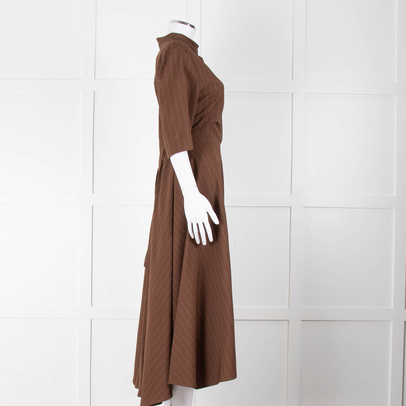 Brunello Cucinelli Brown Cream Pinstripe Metallic Trip Belted Maxi Dress