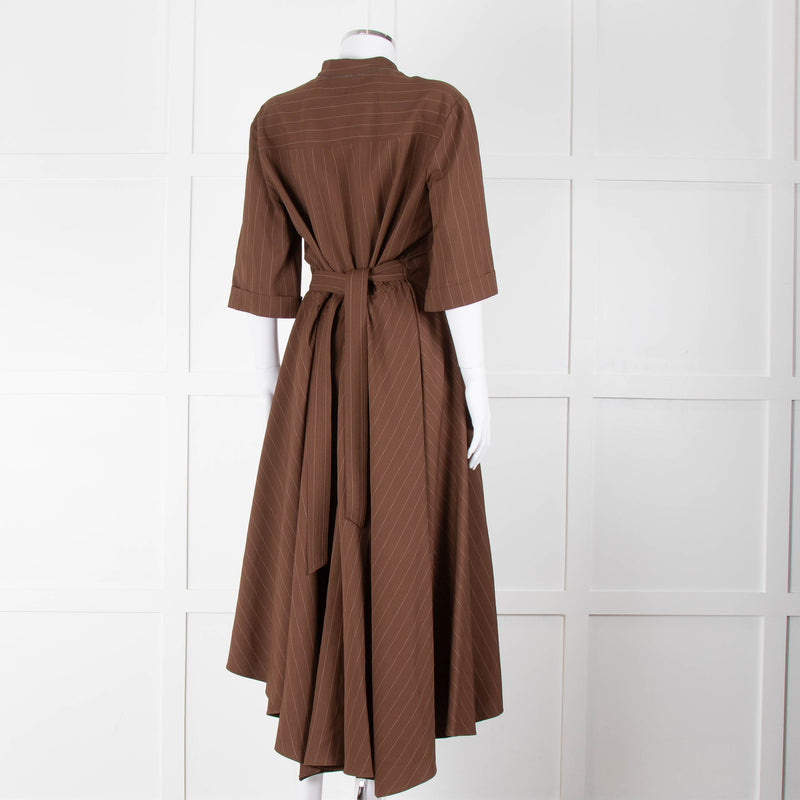 Brunello Cucinelli Brown Cream Pinstripe Metallic Trip Belted Maxi Dress