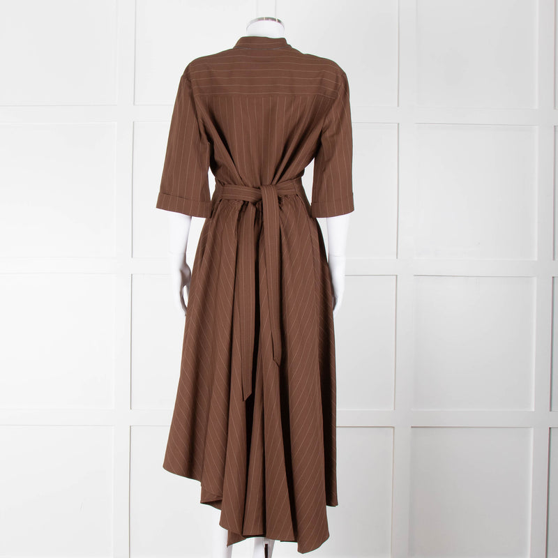 Brunello Cucinelli Brown Cream Pinstripe Metallic Trip Belted Maxi Dress