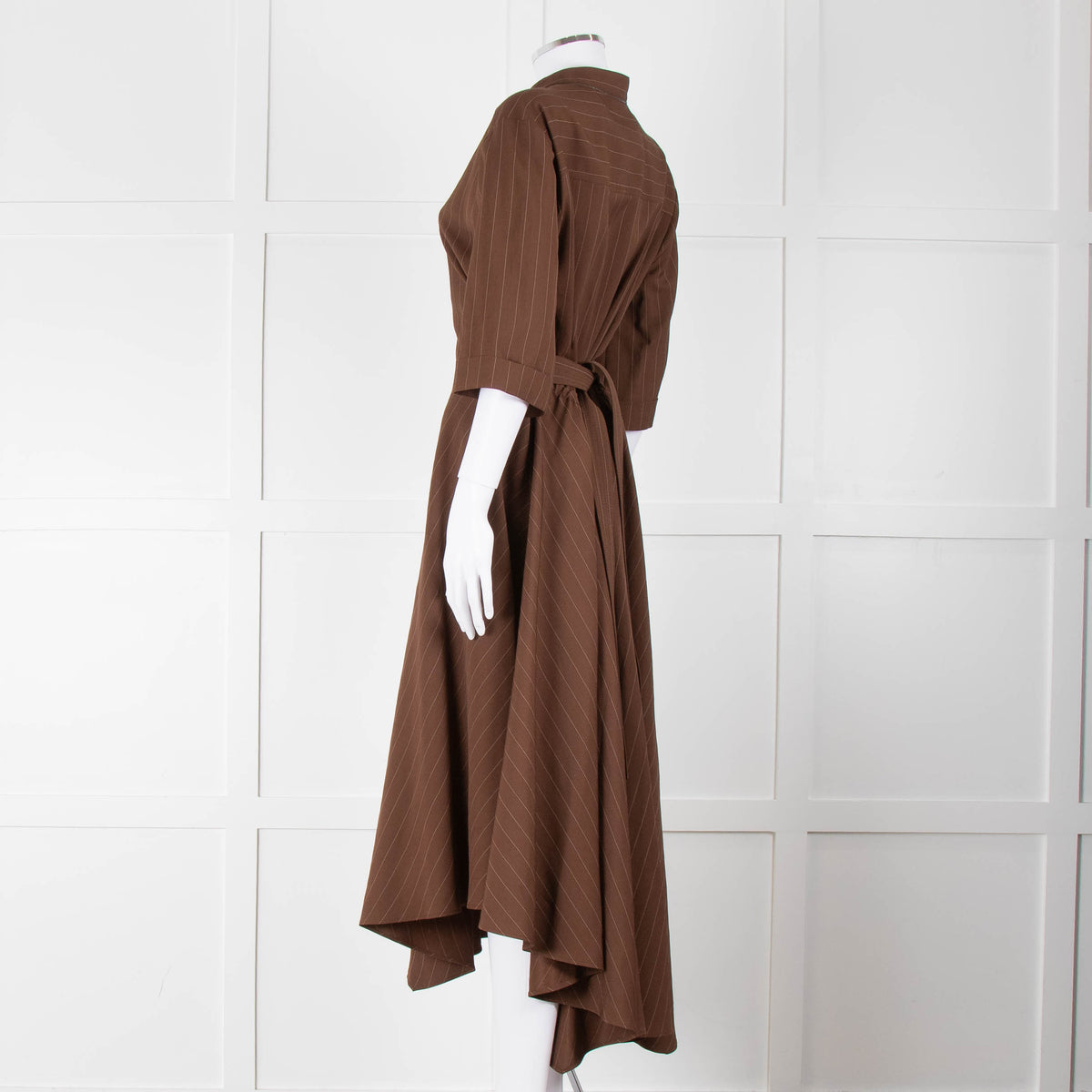 Brunello Cucinelli Brown Cream Pinstripe Metallic Trip Belted Maxi Dress