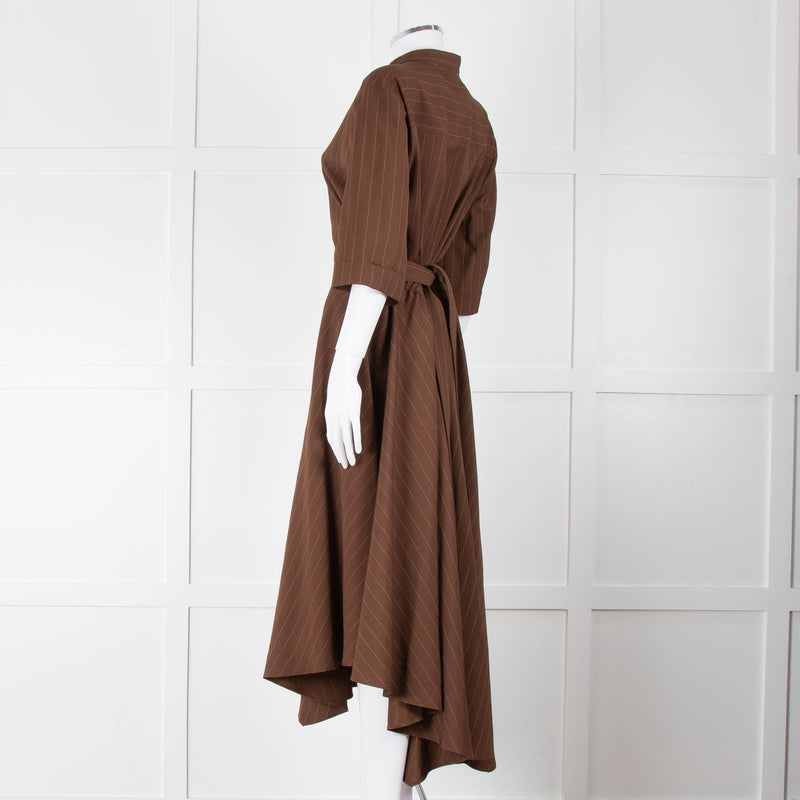 Brunello Cucinelli Brown Cream Pinstripe Metallic Trip Belted Maxi Dress