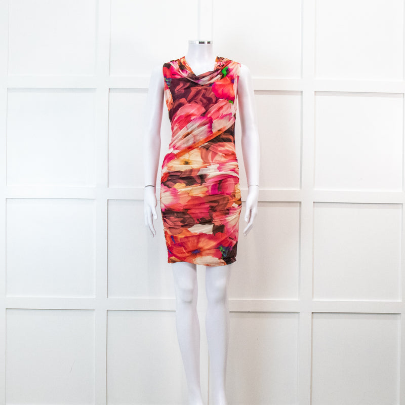 MSGM Pink Floral Mesh Ruched Mini Dress