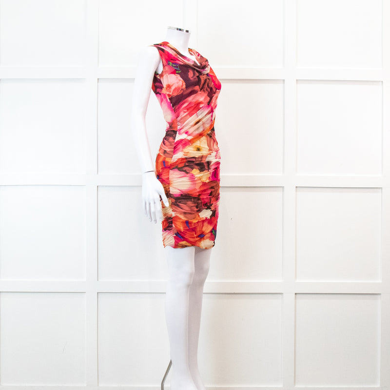 MSGM Pink Floral Mesh Ruched Mini Dress
