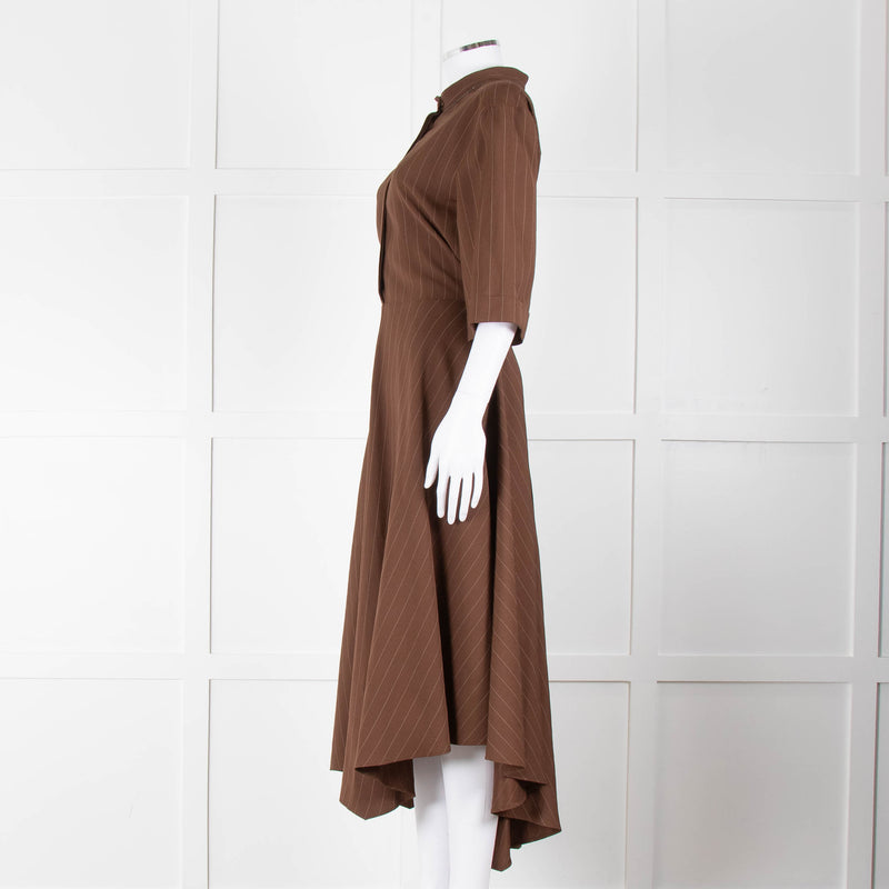 Brunello Cucinelli Brown Cream Pinstripe Metallic Trip Belted Maxi Dress