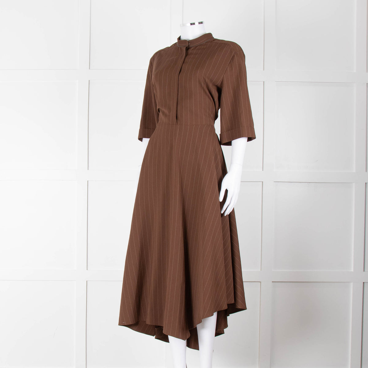 Brunello Cucinelli Brown Cream Pinstripe Metallic Trip Belted Maxi Dress