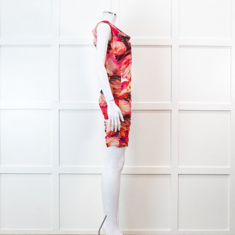 MSGM Pink Floral Mesh Ruched Mini Dress