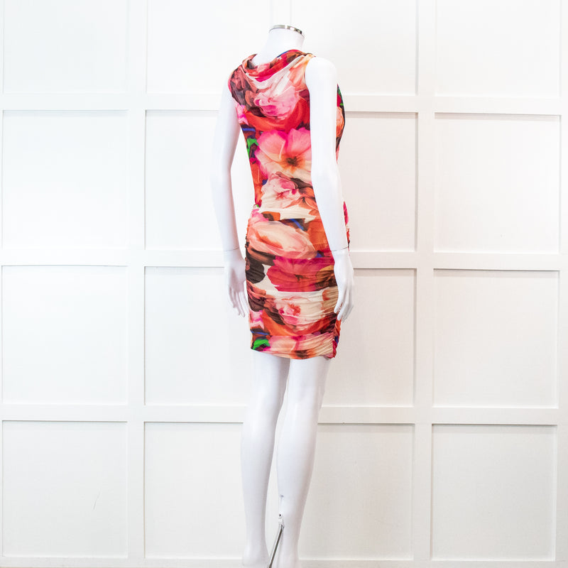 MSGM Pink Floral Mesh Ruched Mini Dress