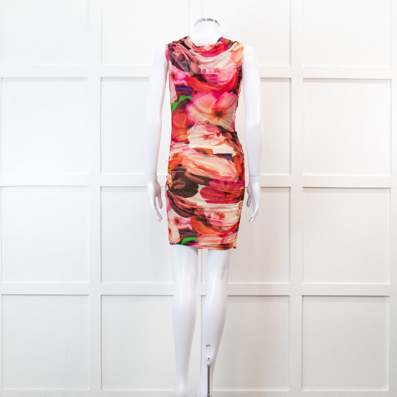 MSGM Pink Floral Mesh Ruched Mini Dress