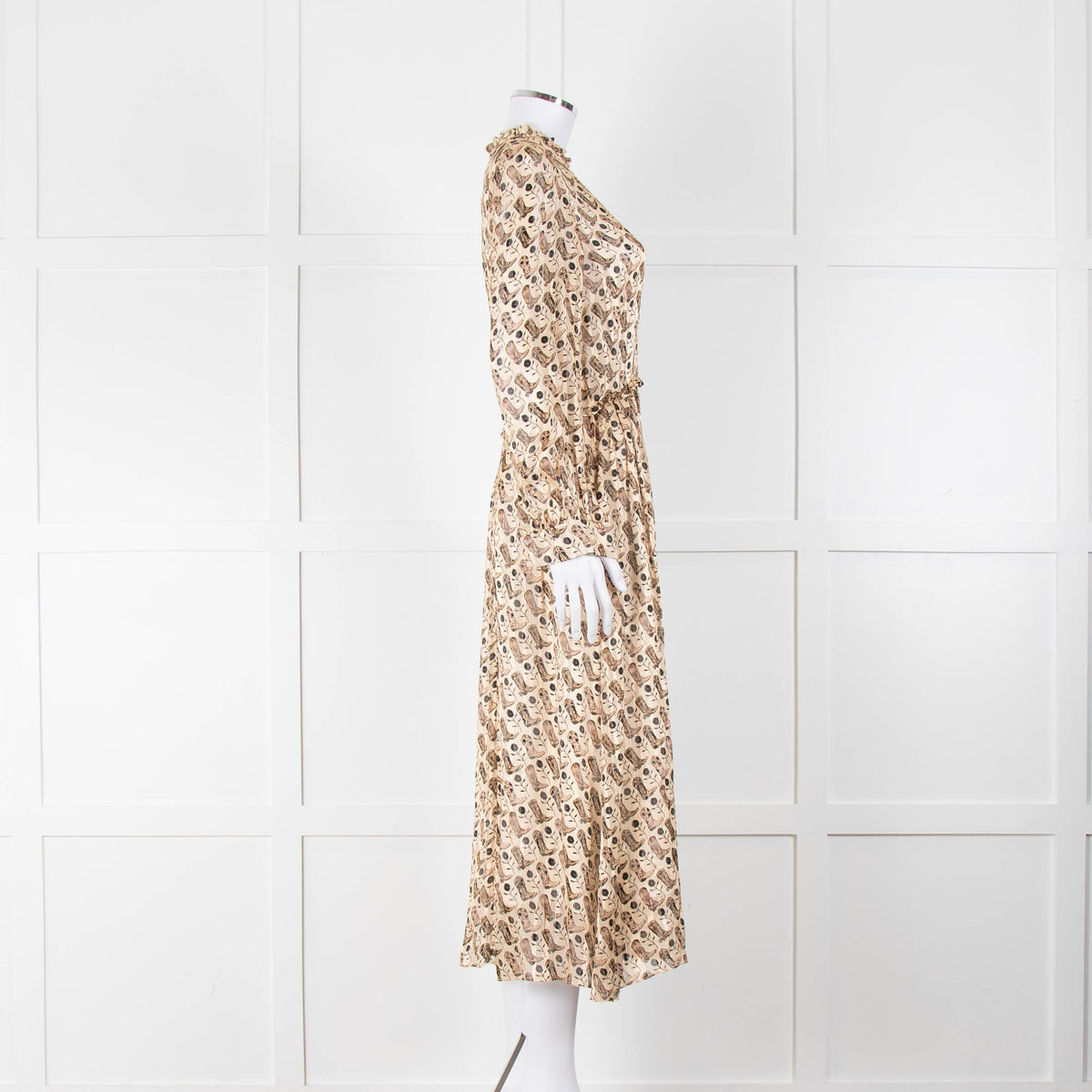 Sandro Beige Brown Boot Print Long Sleeve Dress