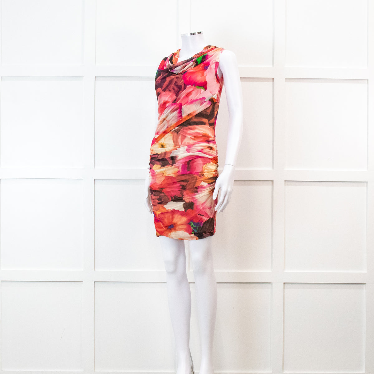 MSGM Pink Floral Mesh Ruched Mini Dress