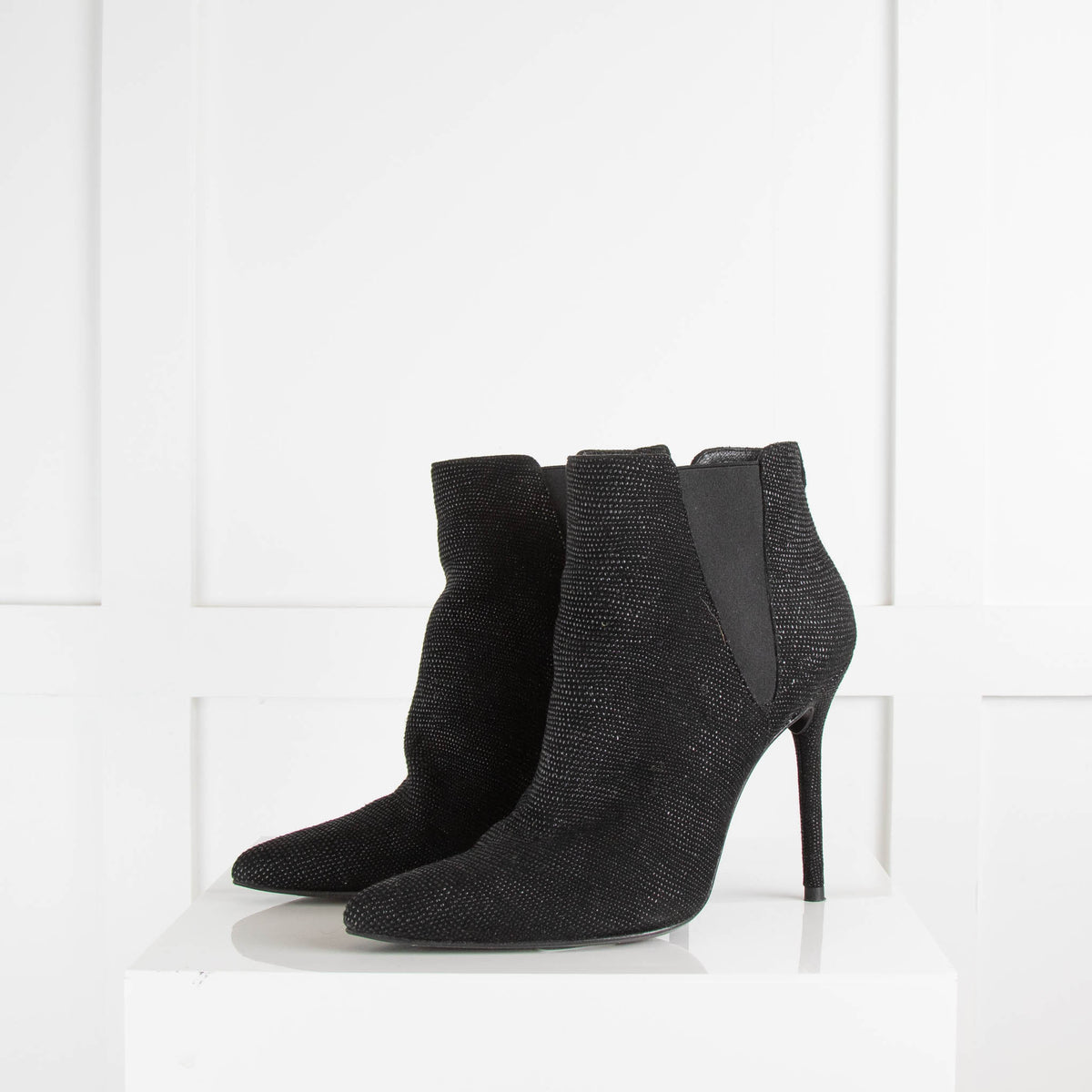 Stuart Weitzman Black Shine Look Pointed Toe Heeled Booties