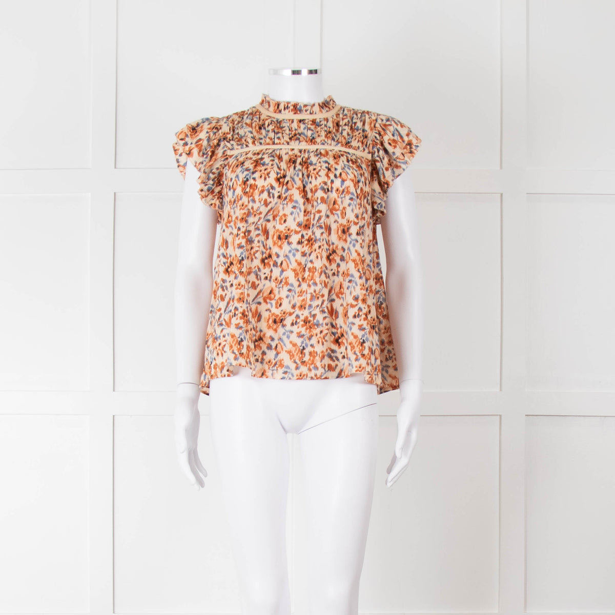 Ulla Johnson Beige Tan Floral Cotton Frill Trim Smock Top