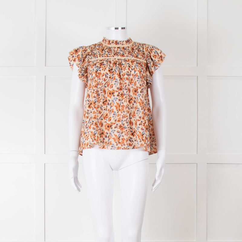 Ulla Johnson Beige Tan Floral Cotton Frill Trim Smock Top