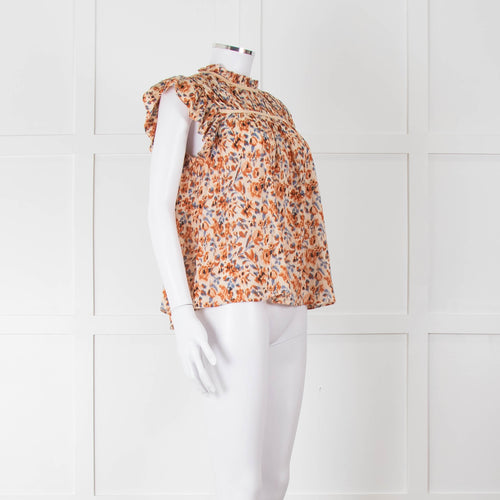 Ulla Johnson Beige Tan Floral Cotton Frill Trim Smock Top