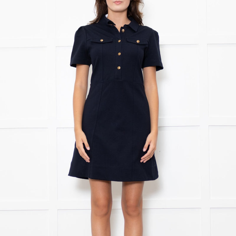 Me + Em Navy Short Sleeve Dress With Gold Buttons