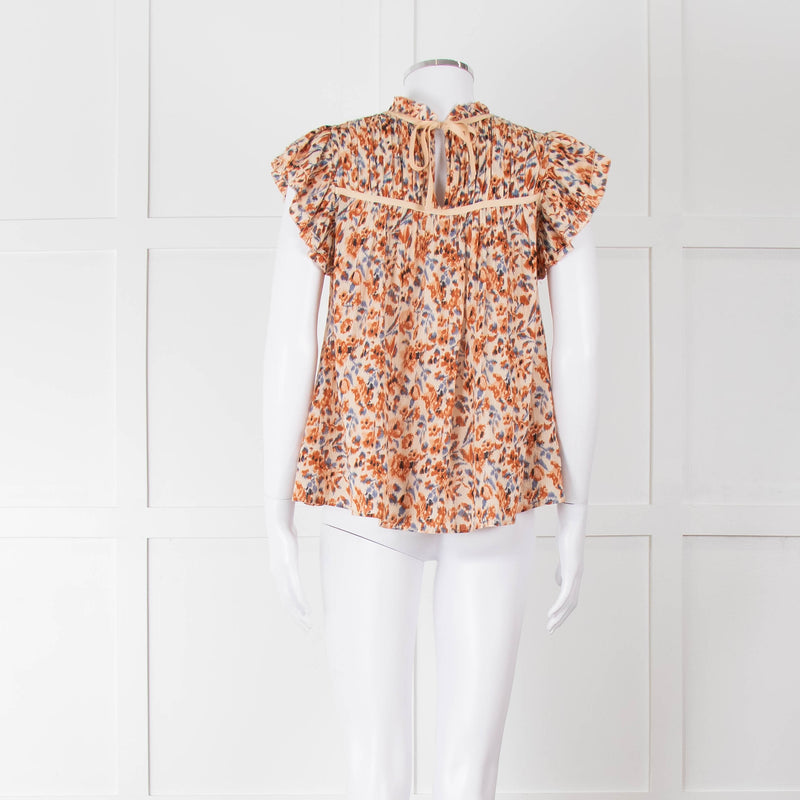 Ulla Johnson Beige Tan Floral Cotton Frill Trim Smock Top