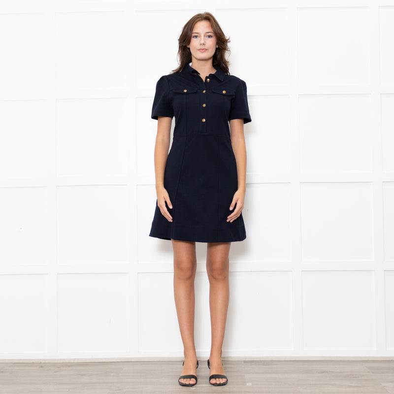 Me + Em Navy Short Sleeve Dress With Gold Buttons