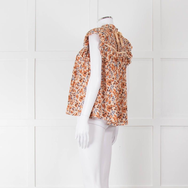 Ulla Johnson Beige Tan Floral Cotton Frill Trim Smock Top