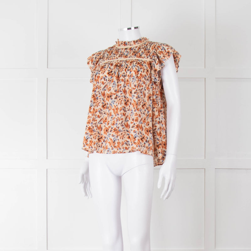Ulla Johnson Beige Tan Floral Cotton Frill Trim Smock Top