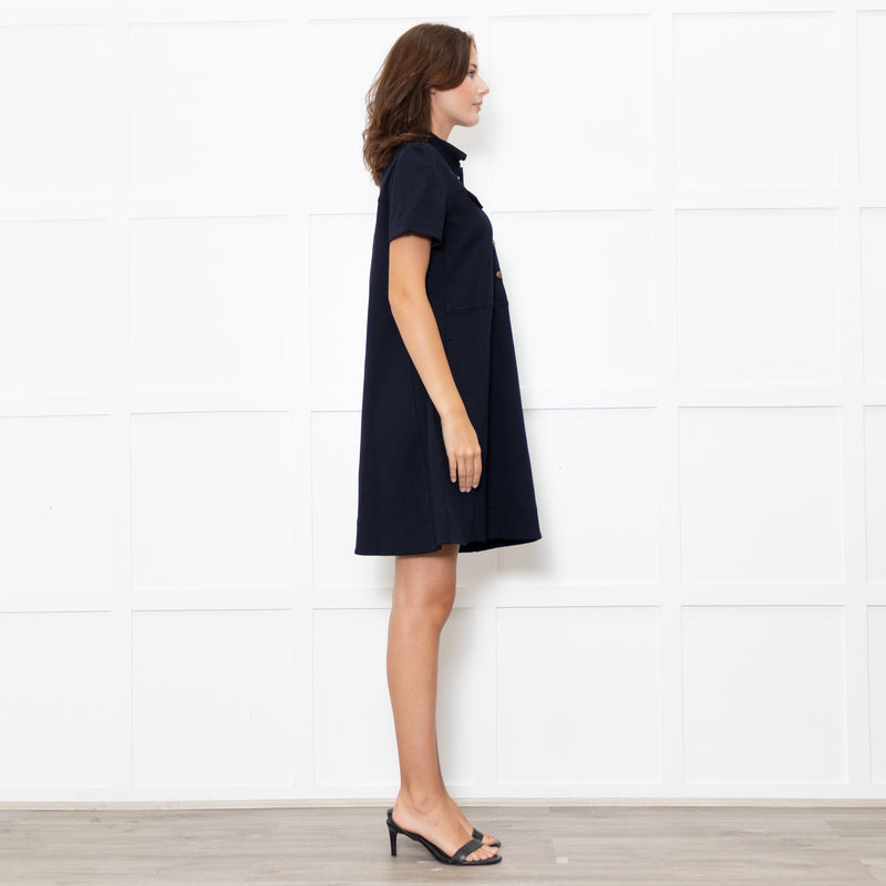 Me + Em Navy Short Sleeve Dress With Gold Buttons