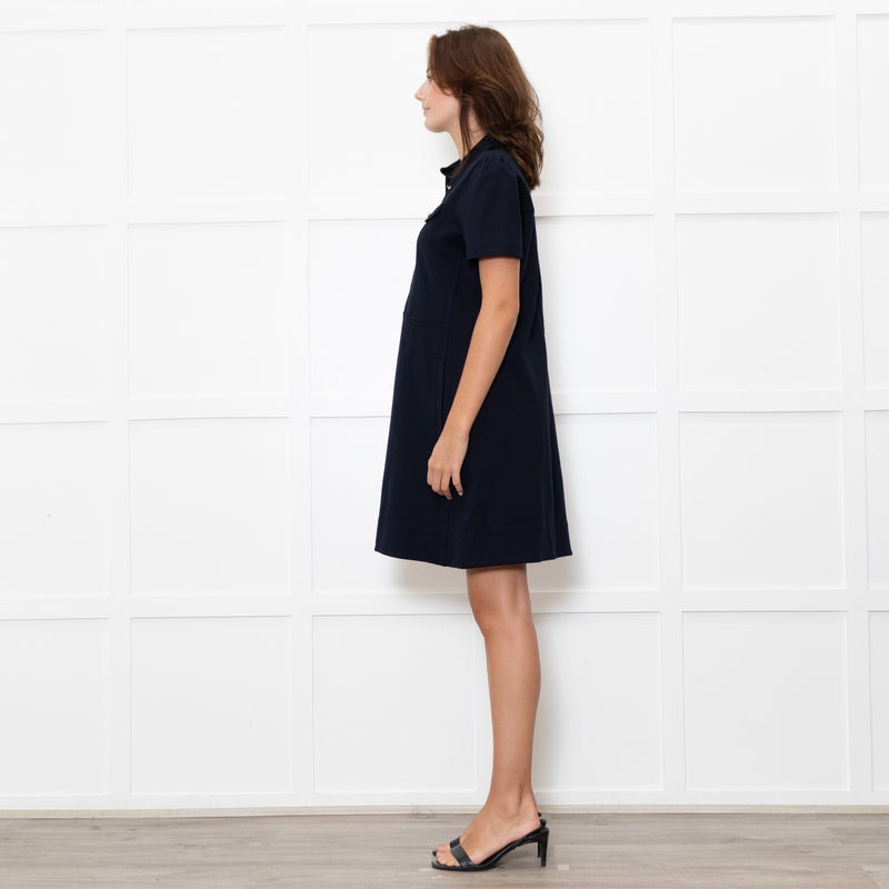 Me + Em Navy Short Sleeve Dress With Gold Buttons
