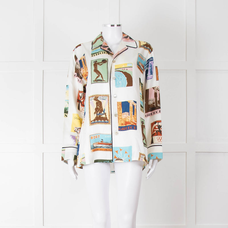 Olivia Von Halle Cream City Stamp Print Silk Pyjama Set