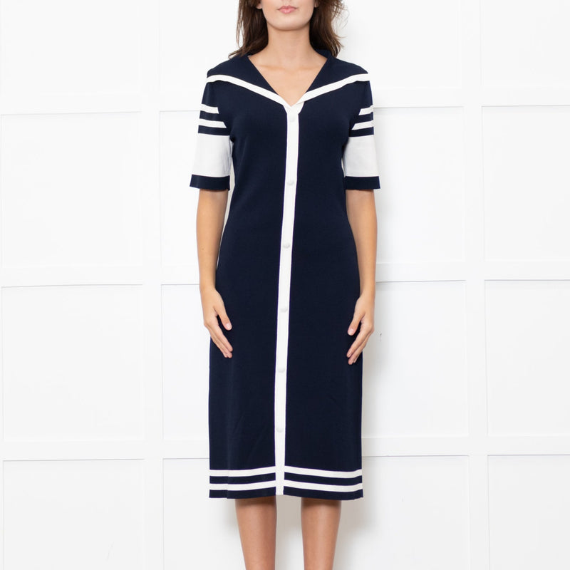 Boutique Moschino Navy Stretch Knit Sailor Style Dress