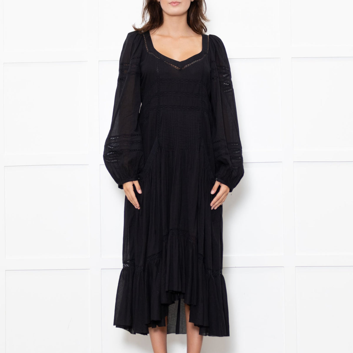 Marant Etoile Black Cotton Lace Trim Front Pockets Maxi Dress