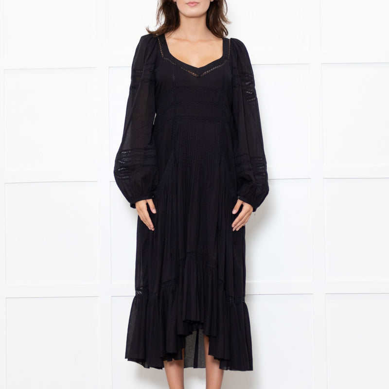 Marant Etoile Black Cotton Lace Trim Front Pockets Maxi Dress