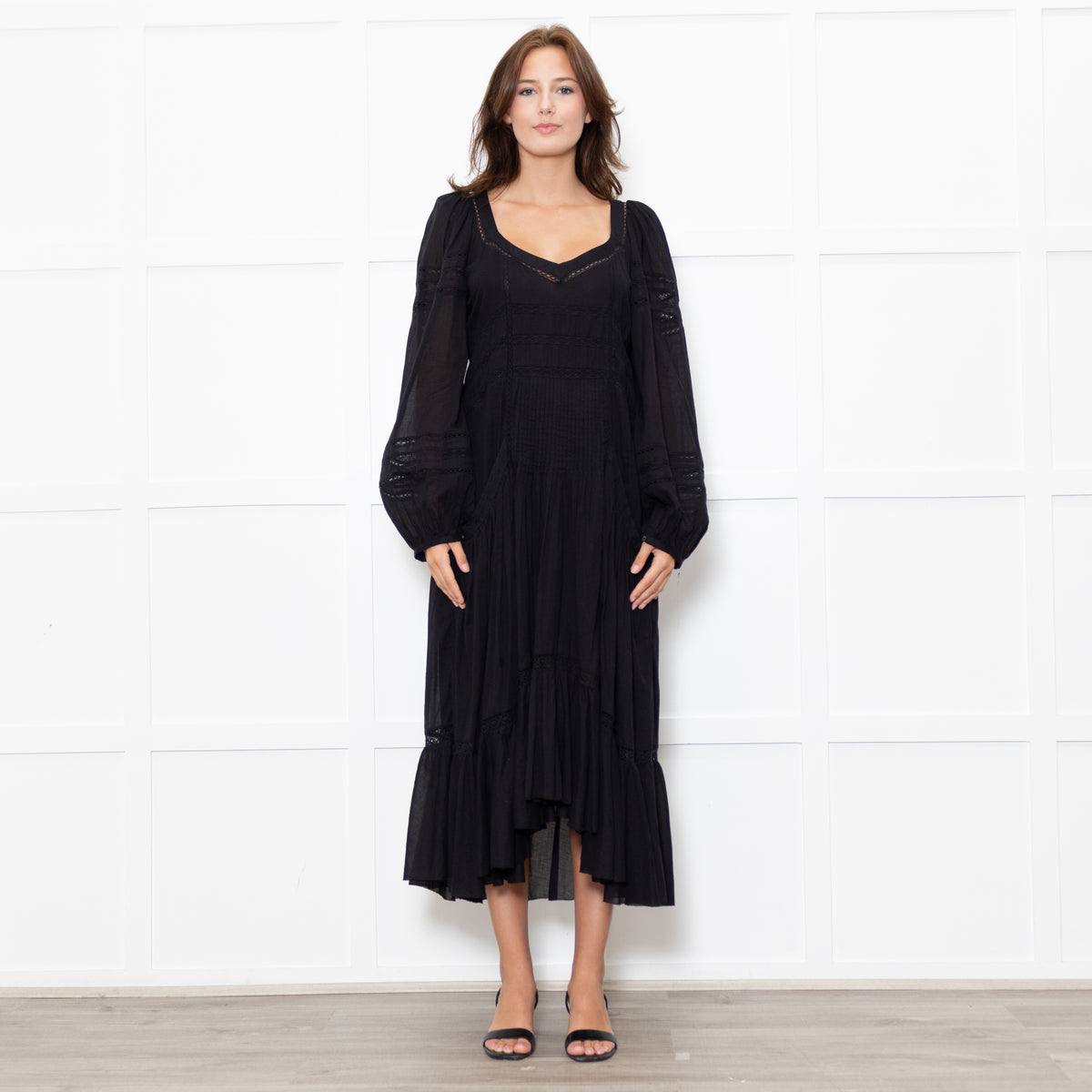 Marant Etoile Black Cotton Lace Trim Front Pockets Maxi Dress