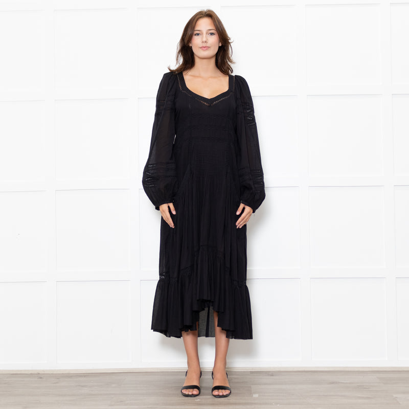 Marant Etoile Black Cotton Lace Trim Front Pockets Maxi Dress