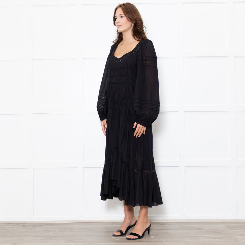 Marant Etoile Black Cotton Lace Trim Front Pockets Maxi Dress