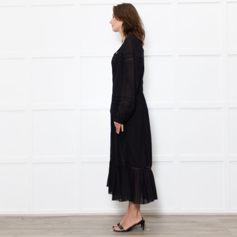 Marant Etoile Black Cotton Lace Trim Front Pockets Maxi Dress