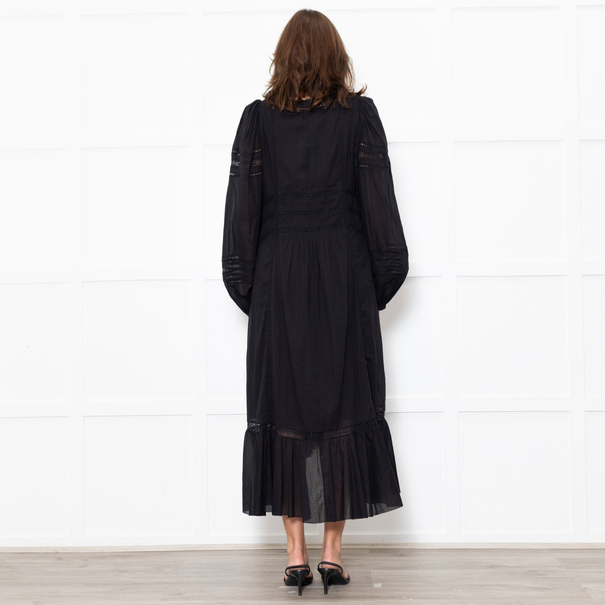 Marant Etoile Black Cotton Lace Trim Front Pockets Maxi Dress