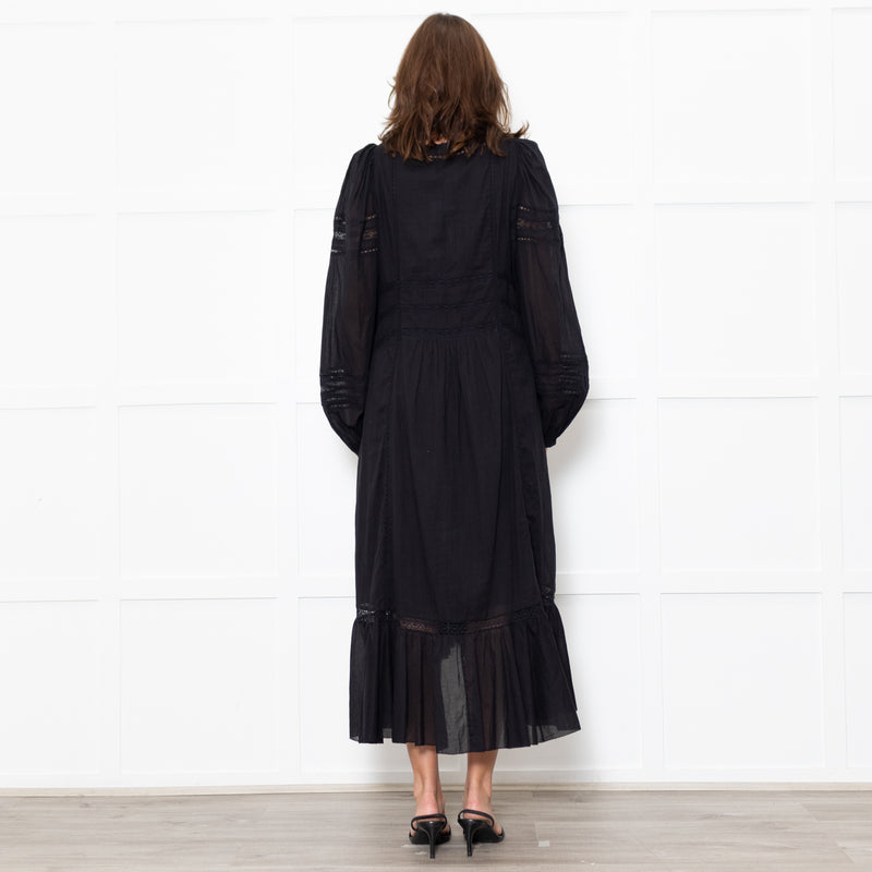 Marant Etoile Black Cotton Lace Trim Front Pockets Maxi Dress