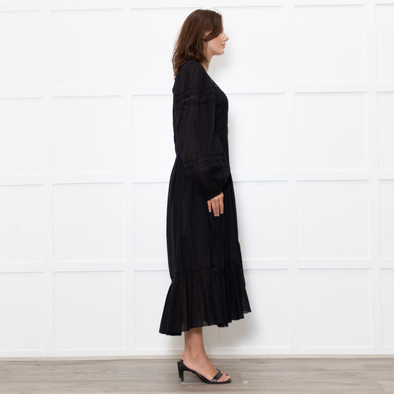 Marant Etoile Black Cotton Lace Trim Front Pockets Maxi Dress