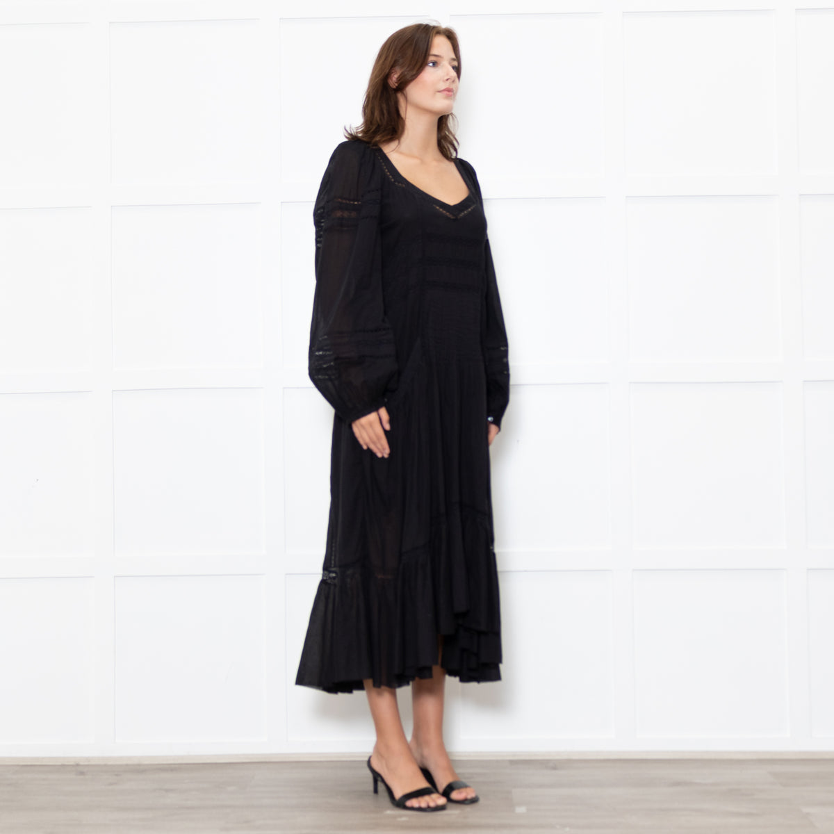 Marant Etoile Black Cotton Lace Trim Front Pockets Maxi Dress