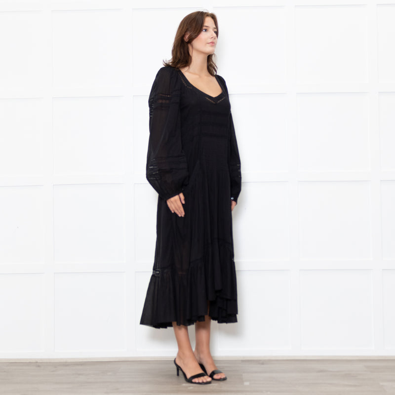 Marant Etoile Black Cotton Lace Trim Front Pockets Maxi Dress